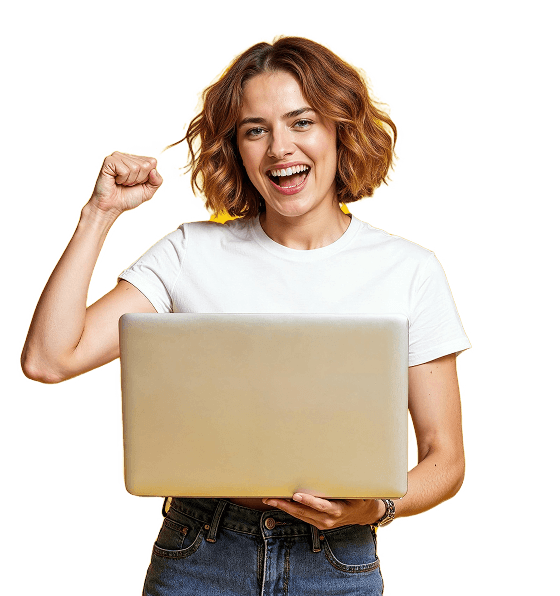 Professional woman confidently holding a laptop, representing digital product development and innovation